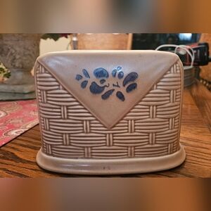 Vintage Pfaltzgraff Stoneware Folk Art Pattern Napkin Holder Tan Blue